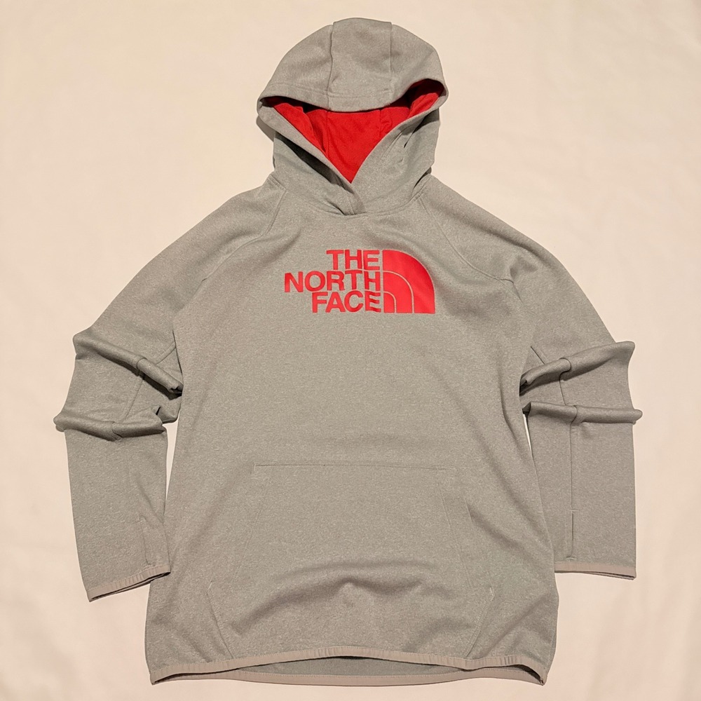 The North Face Hoodie Women Medium Gray Red Logo Pullover Thumbholes Activewear